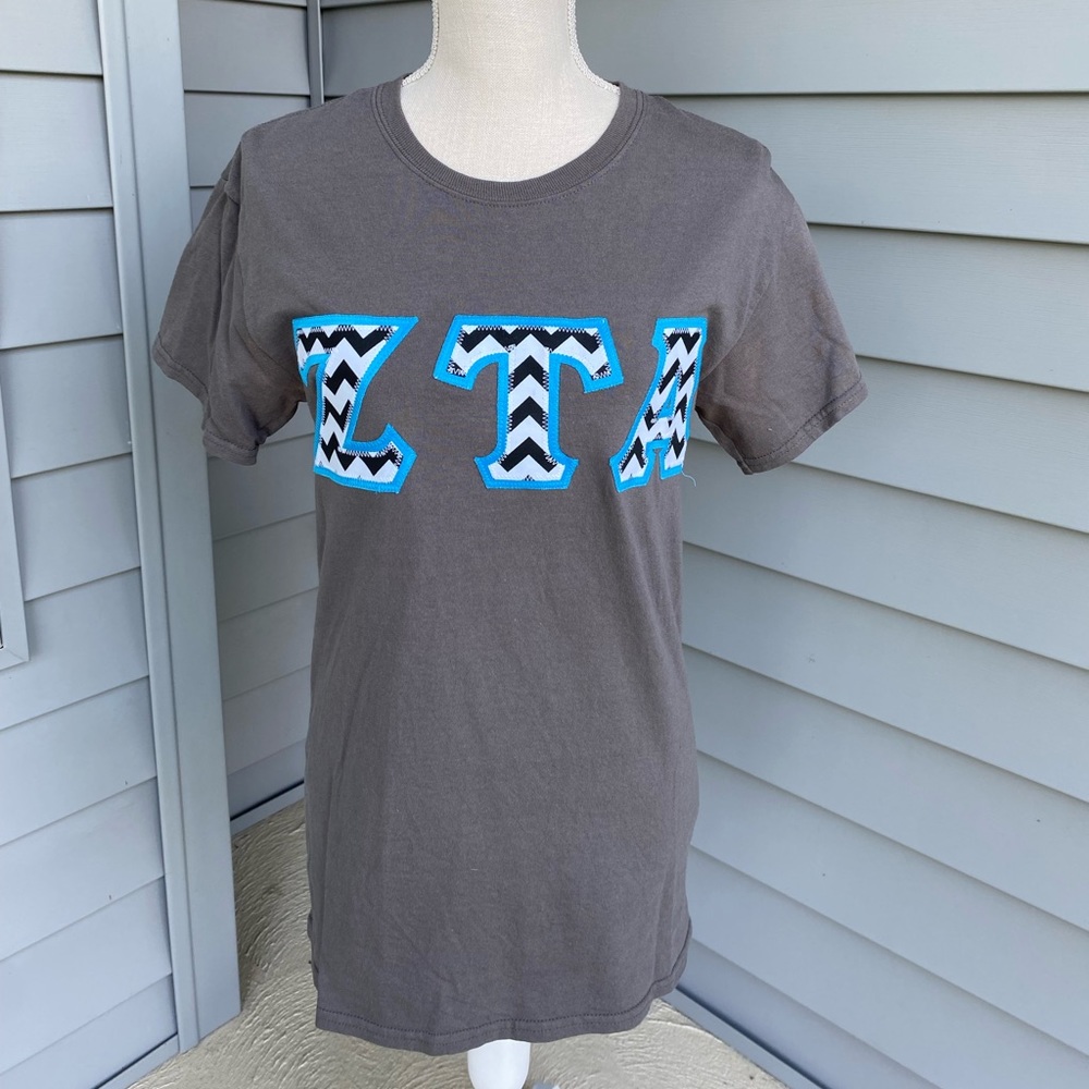 ZTA grey, black, blue letter shirt